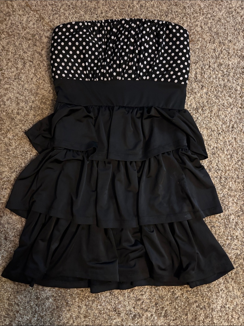 Strapless Black Polka Dot Tiered Mini Dress